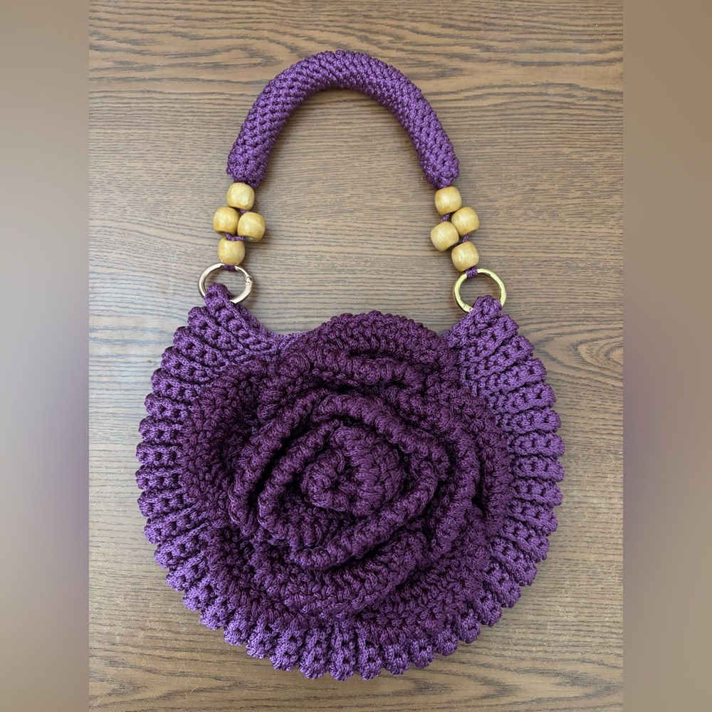 Handmade Crochet Rose Bag With Wooden Beads